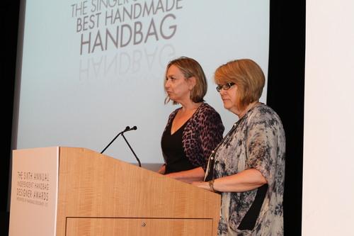 Becky Hanson of Singer  Michele Muska of Simplicity Patterns presenting the Singer Simplicity Best Handmade Handbag