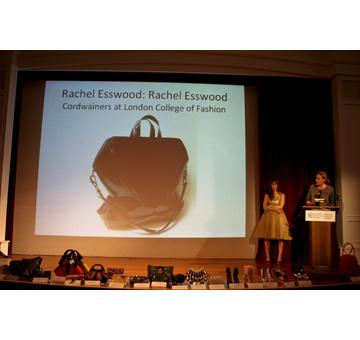 Devi Kroell announcing the Winner of Best Student Made Handbag, Rachel Esswood for Rachel Esswood who receives and an apprenticeship with Miss Kroell